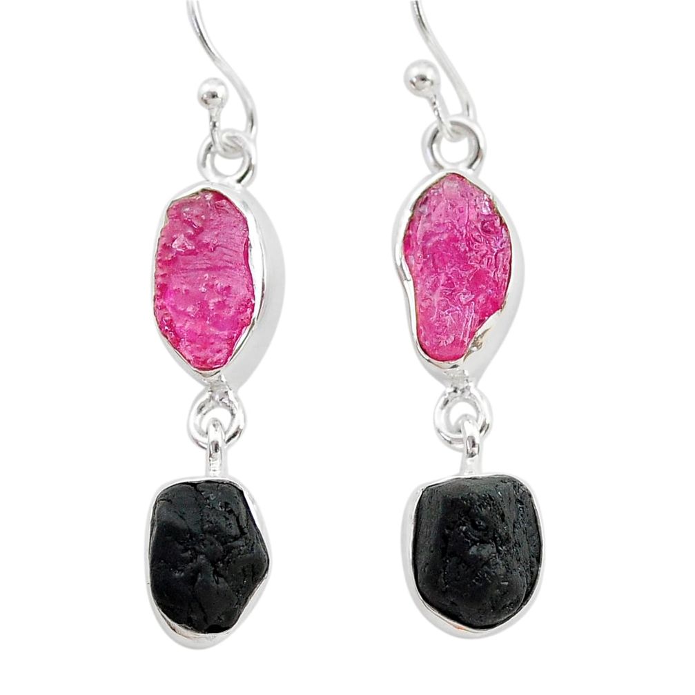 10.69cts black tourmaline ruby raw 925 silver dangle earrings t21171