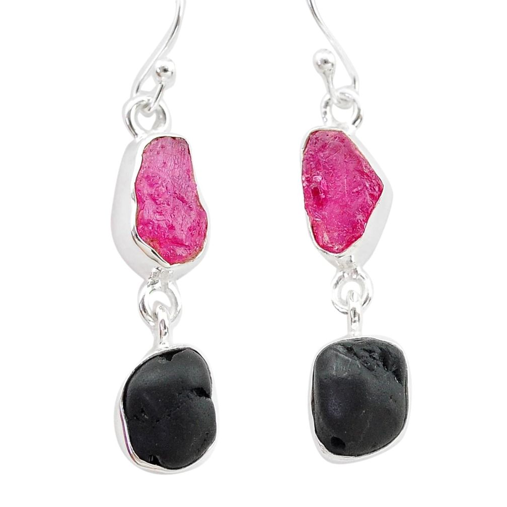 11.07cts black tourmaline ruby raw 925 silver dangle earrings t21172