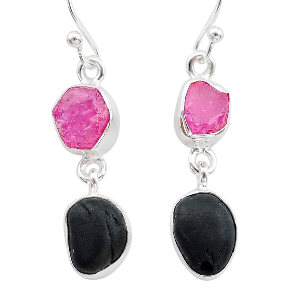 10.76cts black tourmaline ruby raw 925 silver dangle earrings t21174