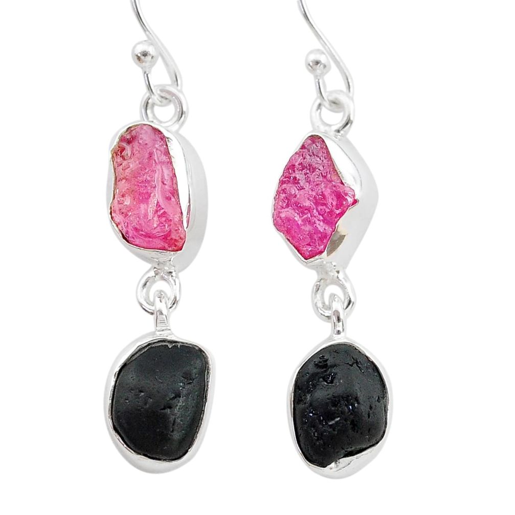 10.32cts black tourmaline ruby raw 925 silver dangle earrings t21177