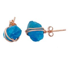 8.48cts blue apatite rough 925 silver rose gold wire wrap stud earrings u67891