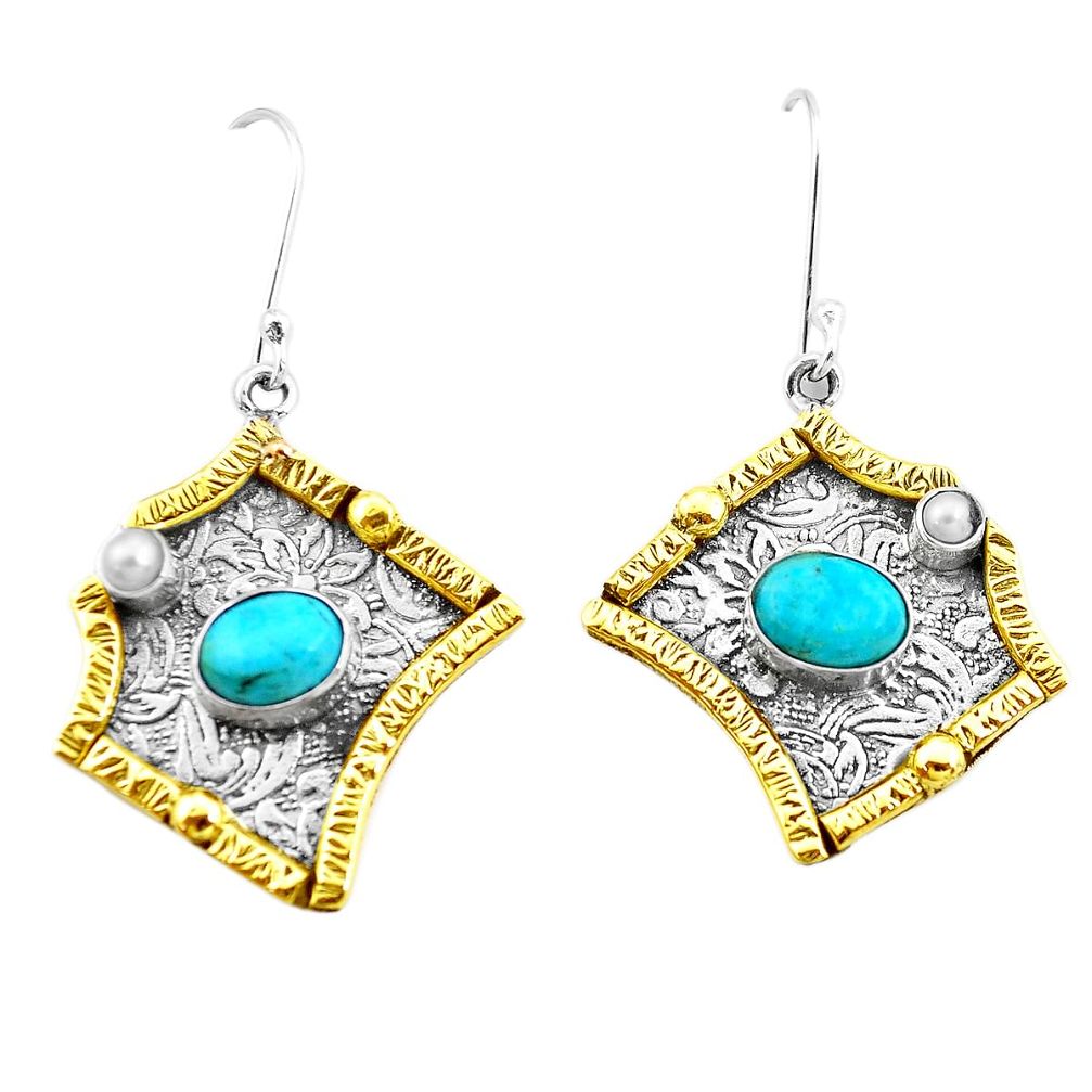 5.00cts blue arizona mohave turquoise 925 silver two tone dangle earrings p21725