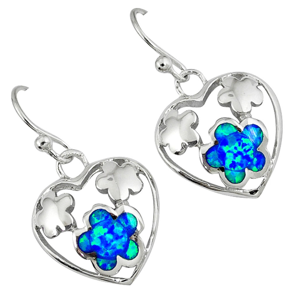 Blue australian opal (lab) 925 silver heart with flower earrings c15559