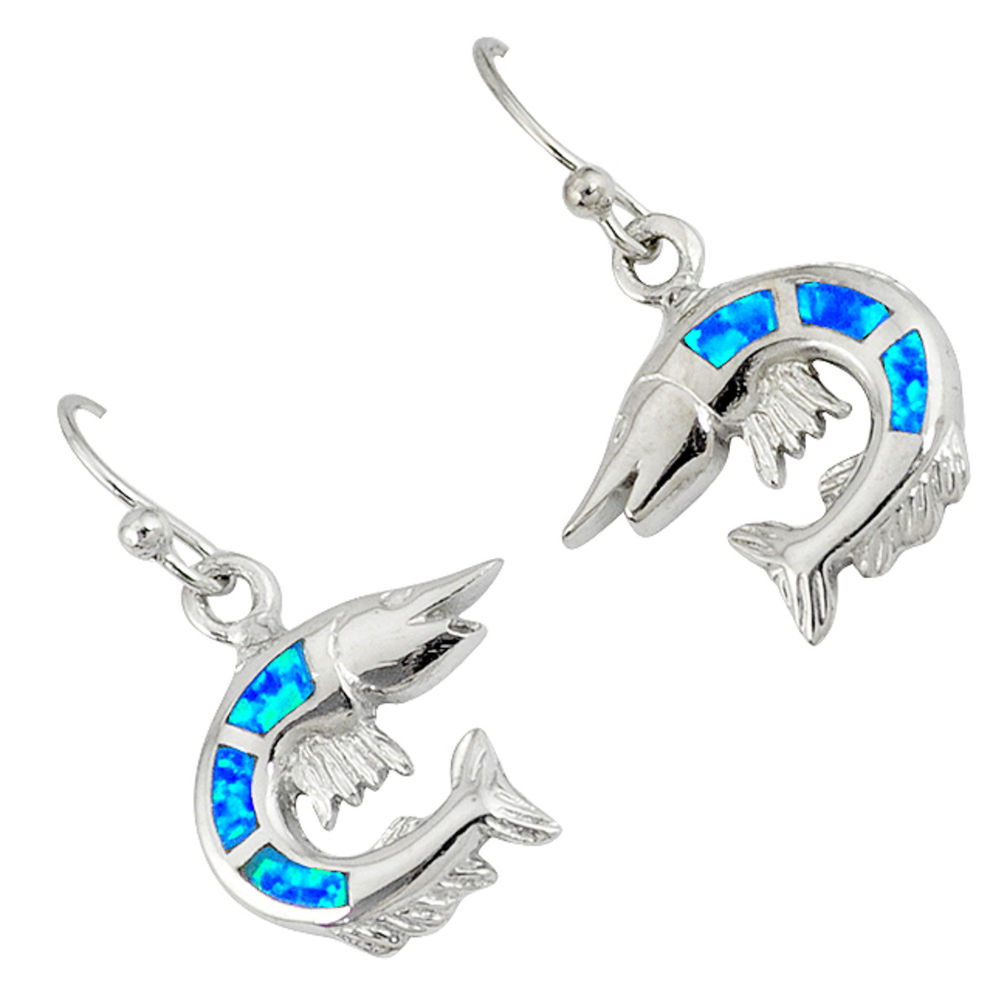 LAB Blue australian opal (lab) 925 sterling silver fish charm earrings c15554