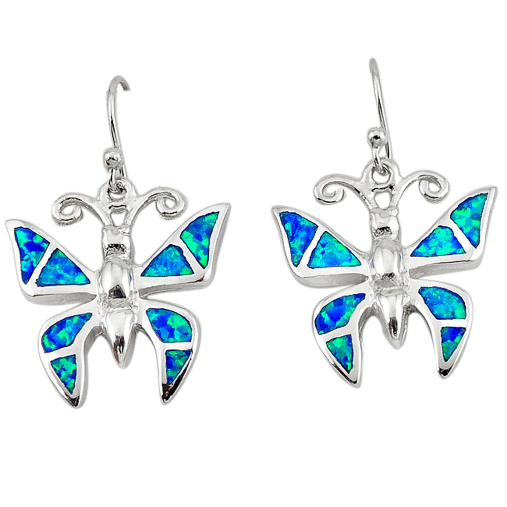 LAB Blue australian opal (lab) enamel 925 silver butterfly earrings jewelry c15567