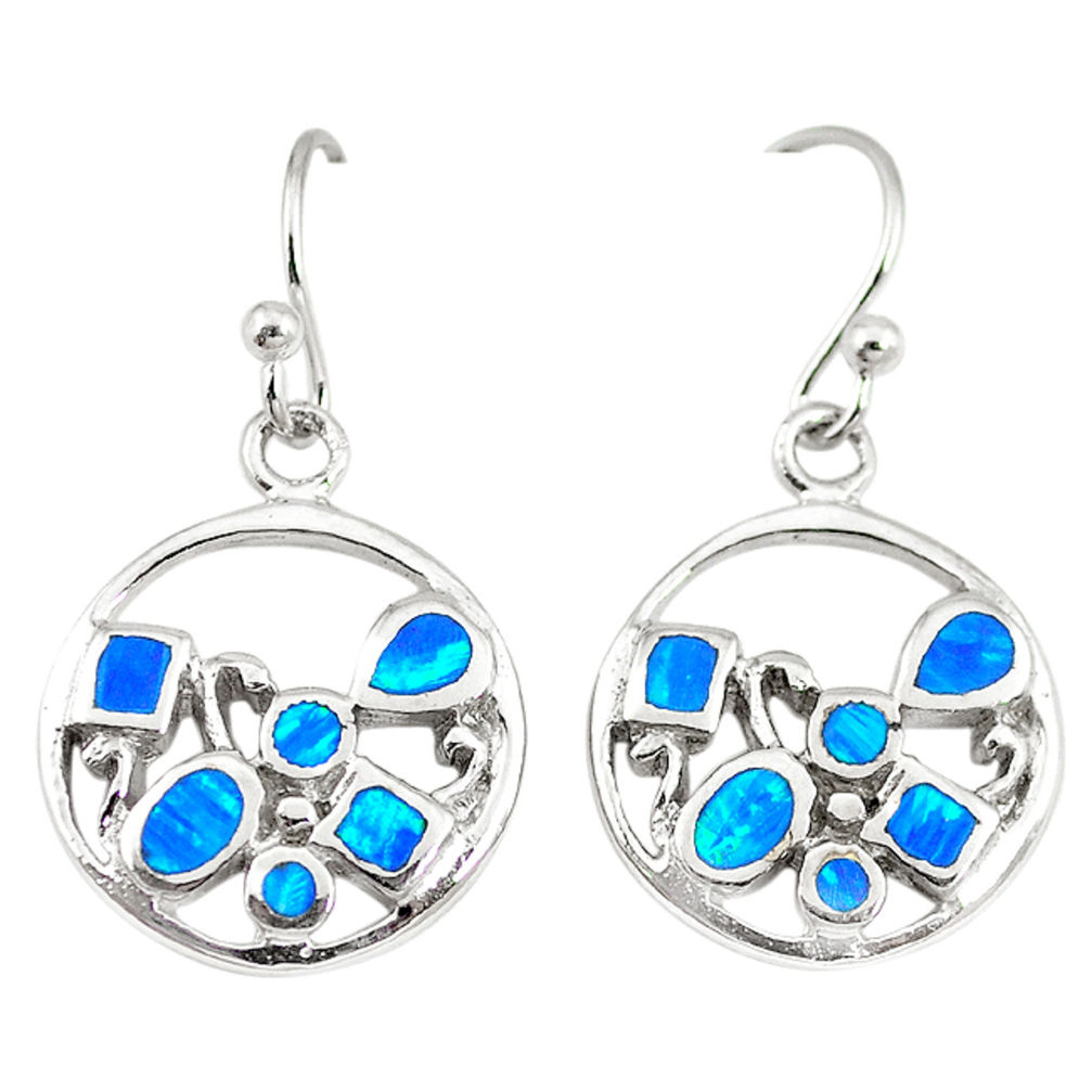 LAB Blue australian opal (lab) enamel 925 silver dangle earrings jewelry c22380
