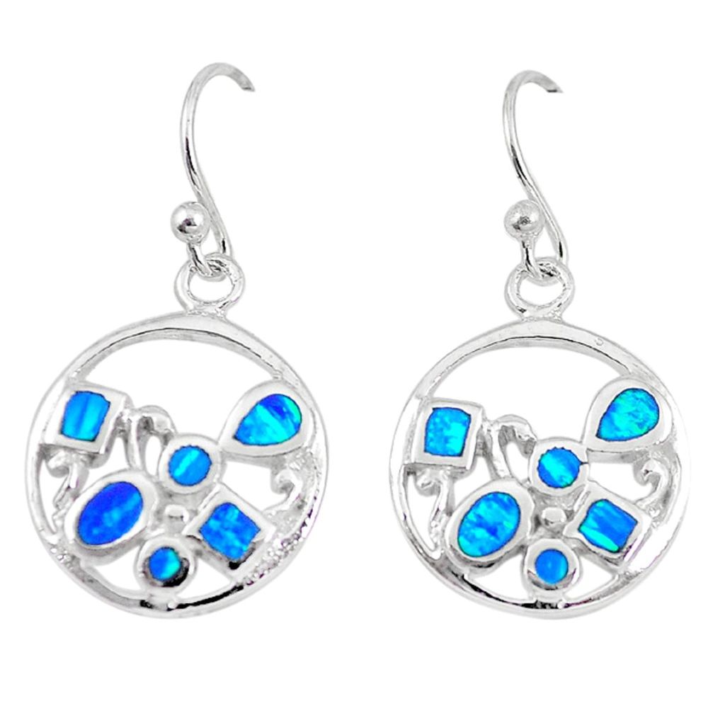 Blue australian opal (lab) enamel 925 sterling silver dangle earrings c22379