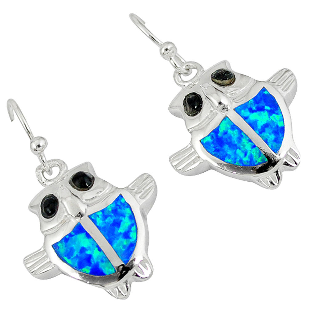 LAB Blue australian opal (lab) onyx 925 sterling silver owl earrings c15579