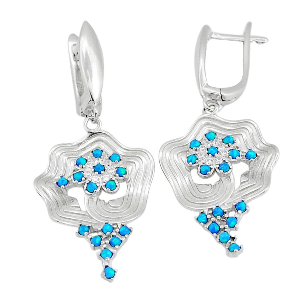 1.22cts blue australian opal (lab) topaz round 925 silver dangle earrings c29081
