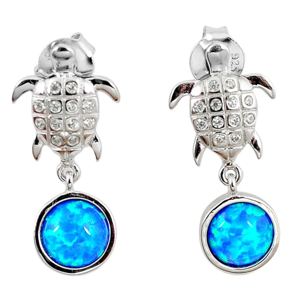 3.65cts blue australian opal (lab) topaz 925 silver tortoise earrings c15528