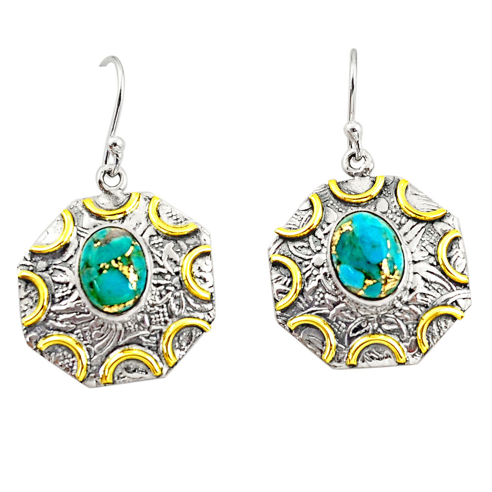 6.36cts blue copper turquoise 925 silver 14k gold dangle earrings jewelry r37185