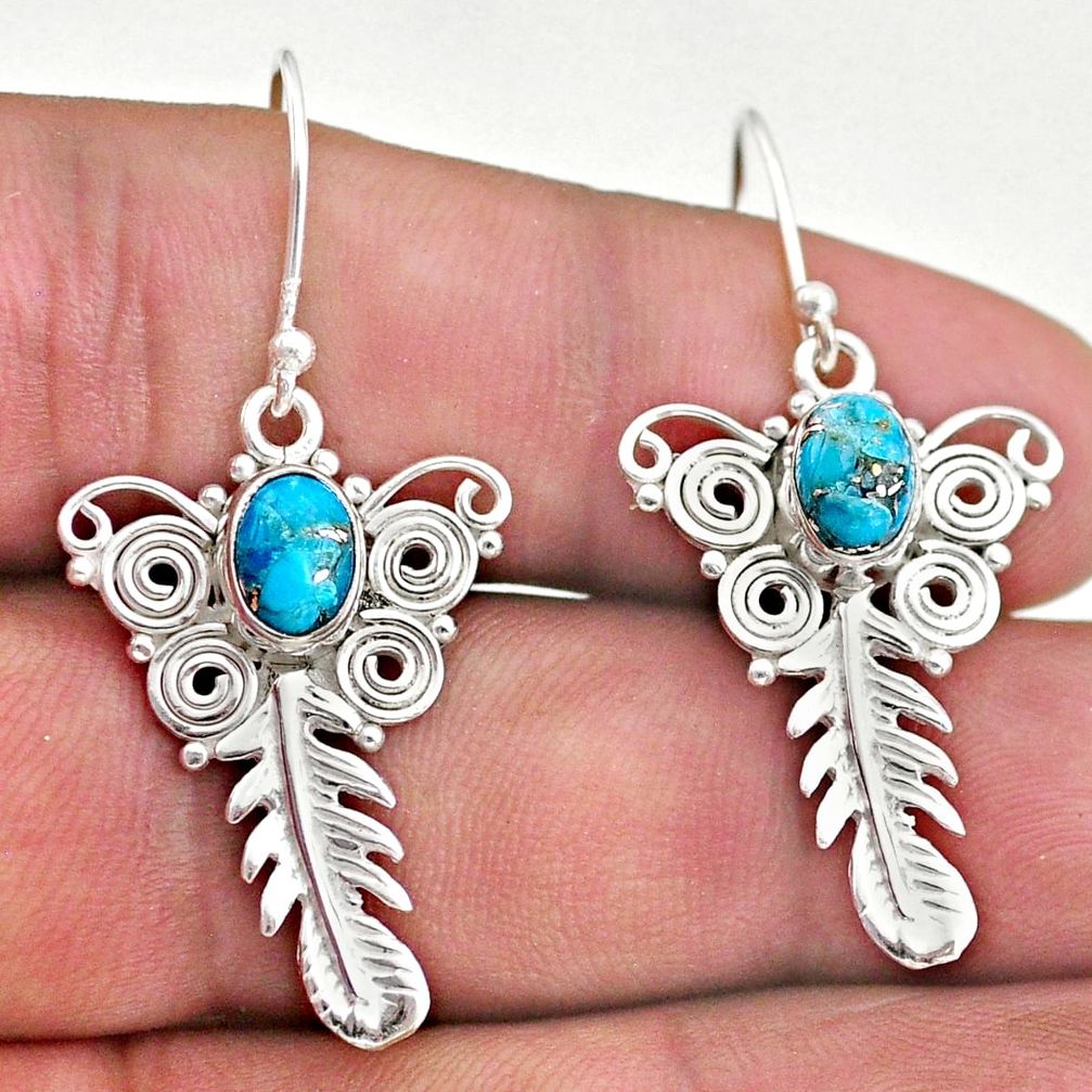 3.14cts blue copper turquoise 925 silver dangle feather earrings jewelry t46956