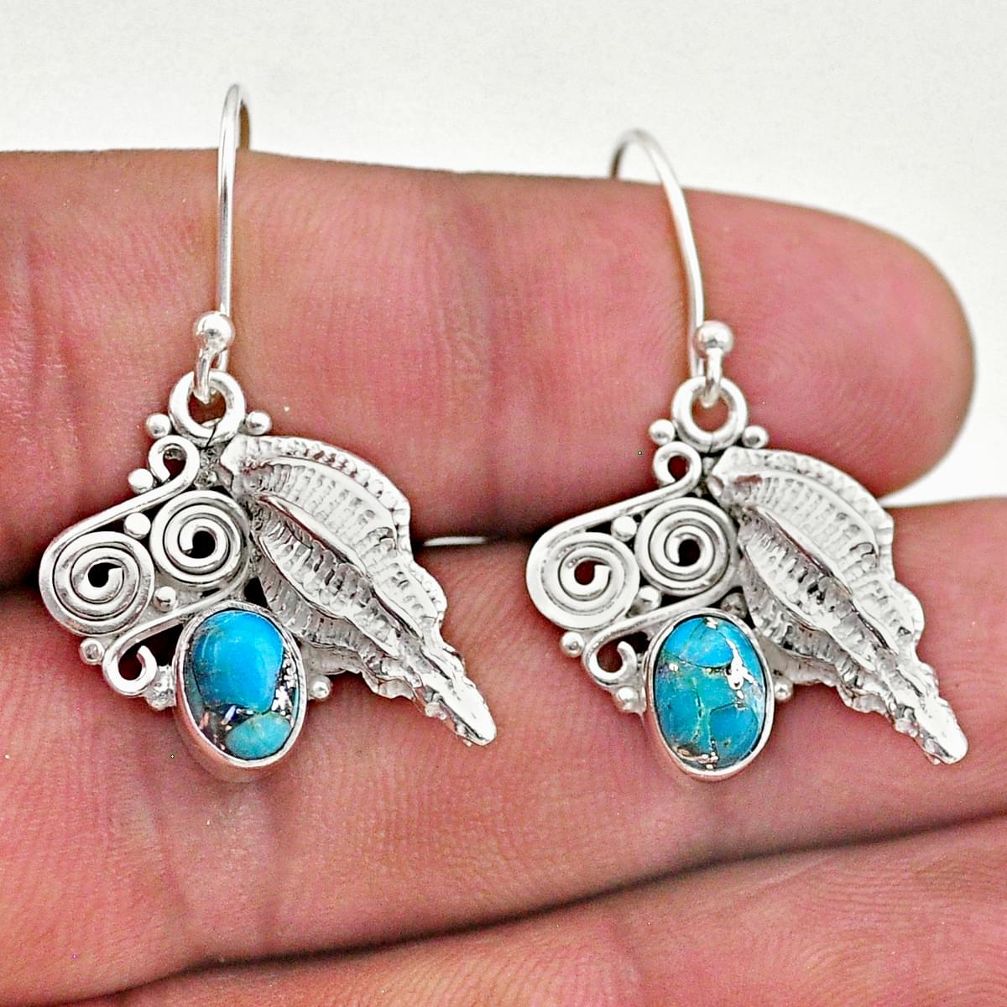 3.28cts blue copper turquoise 925 silver dangle seashell earrings jewelry t46947