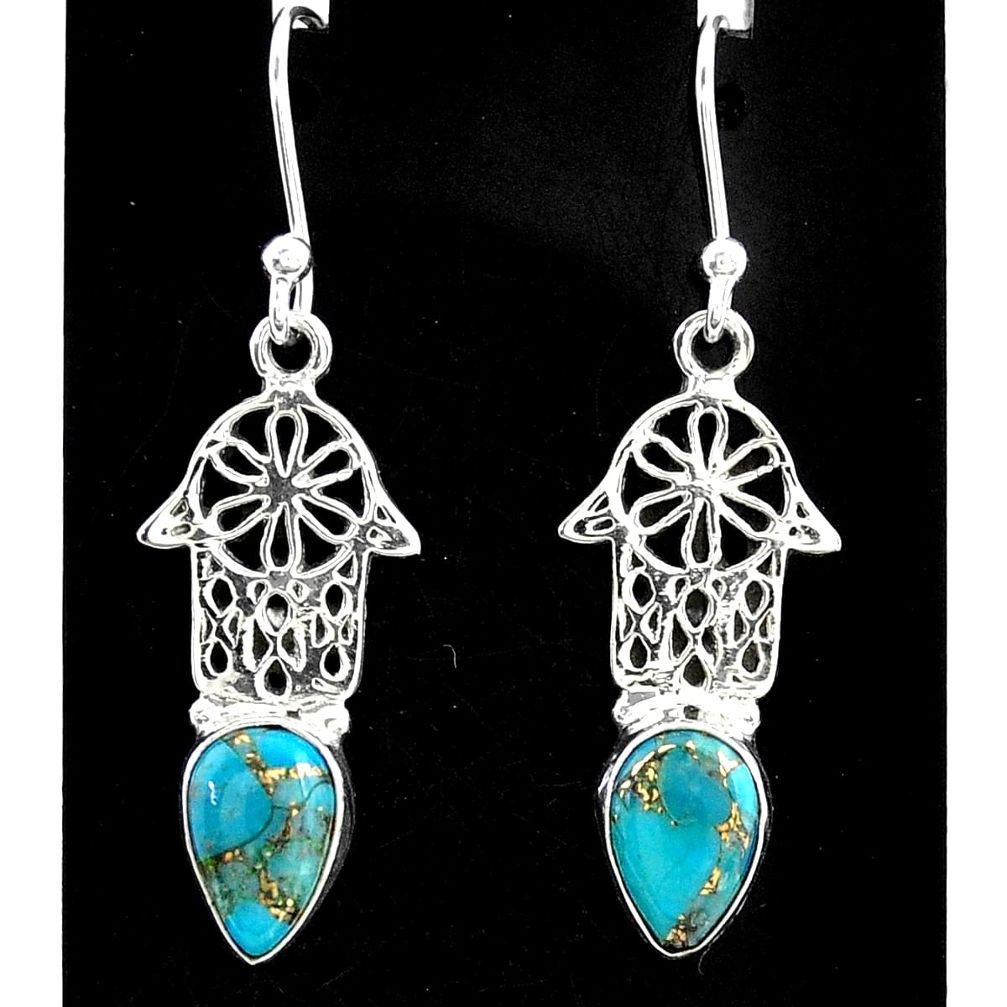 3.59cts blue copper turquoise 925 silver hand of god hamsa earrings t37363