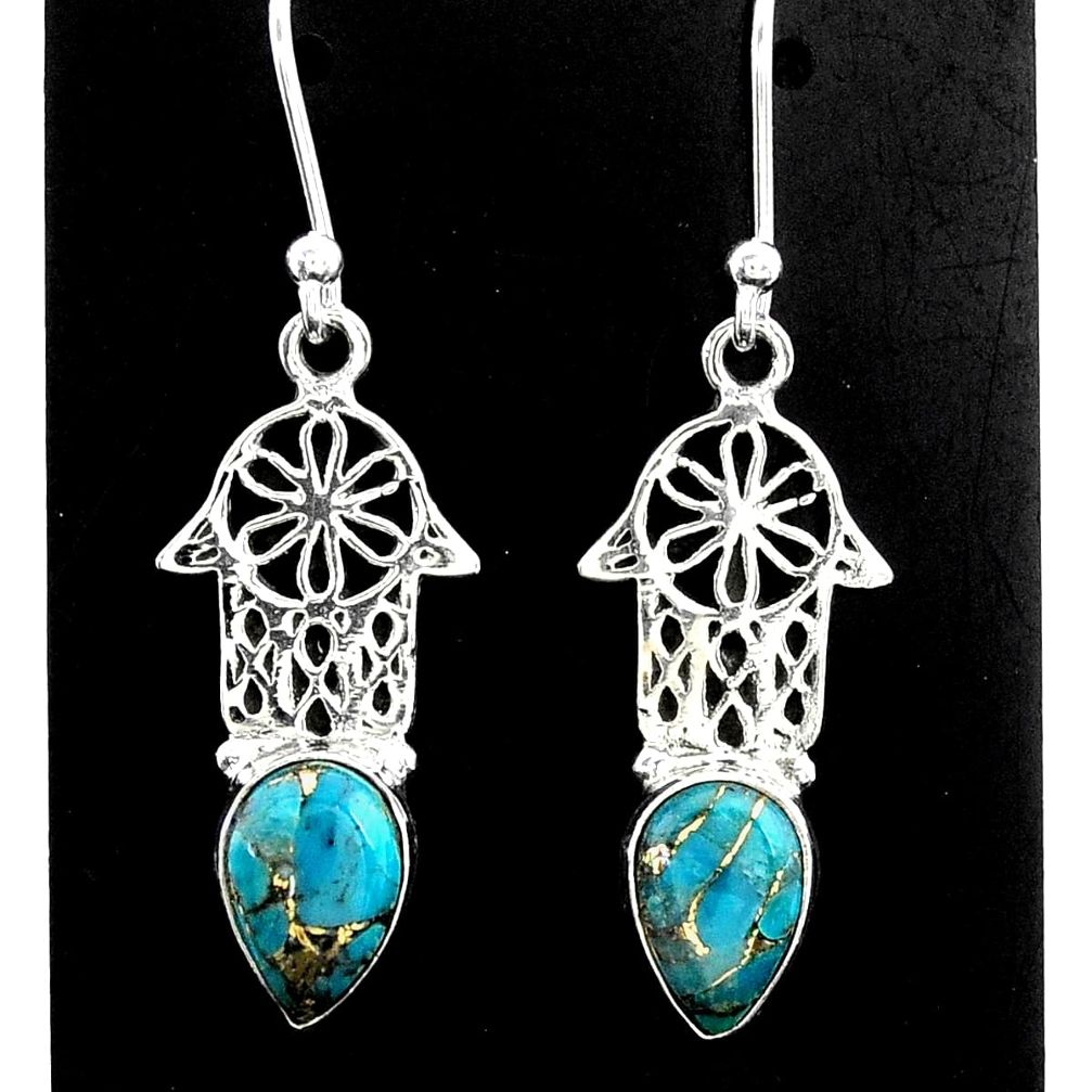 3.83cts blue copper turquoise 925 silver hand of god hamsa earrings t37395