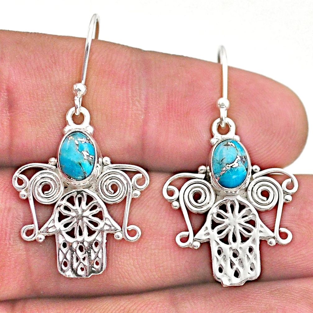 3.58cts blue copper turquoise 925 silver hand of god hamsa earrings t46950
