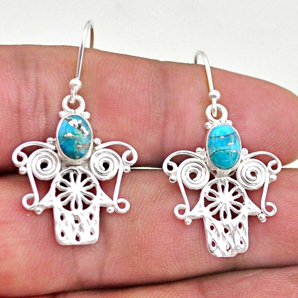 3.22cts blue copper turquoise 925 silver hand of god hamsa earrings t46951