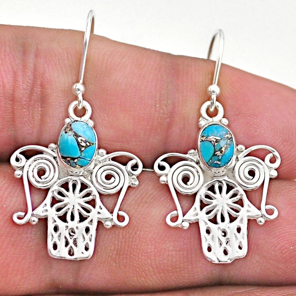 2.97cts blue copper turquoise 925 silver hand of god hamsa earrings t46965