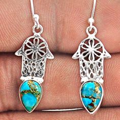 3.76cts blue copper turquoise 925 silver hand of god hamsa earrings t87485