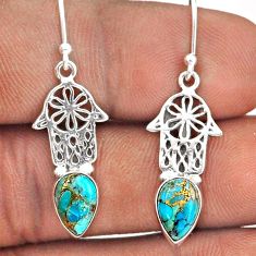 3.83cts blue copper turquoise 925 silver hand of god hamsa earrings t87487