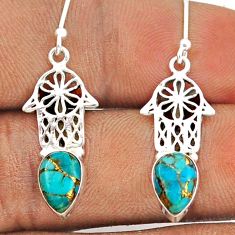3.84cts blue copper turquoise 925 silver hand of god hamsa earrings t95759
