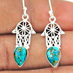 4.04cts blue copper turquoise 925 silver hand of god hamsa earrings t95760