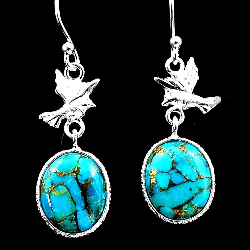 7.44cts blue copper turquoise 925 sterling silver birds earrings jewelry t64775