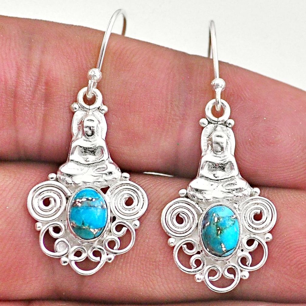 3.14cts blue copper turquoise 925 sterling silver buddha charm earrings t46977