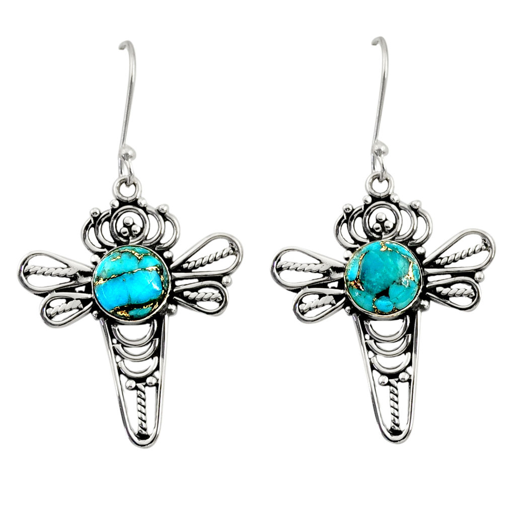 5.79cts blue copper turquoise 925 sterling silver dragonfly earrings d41188