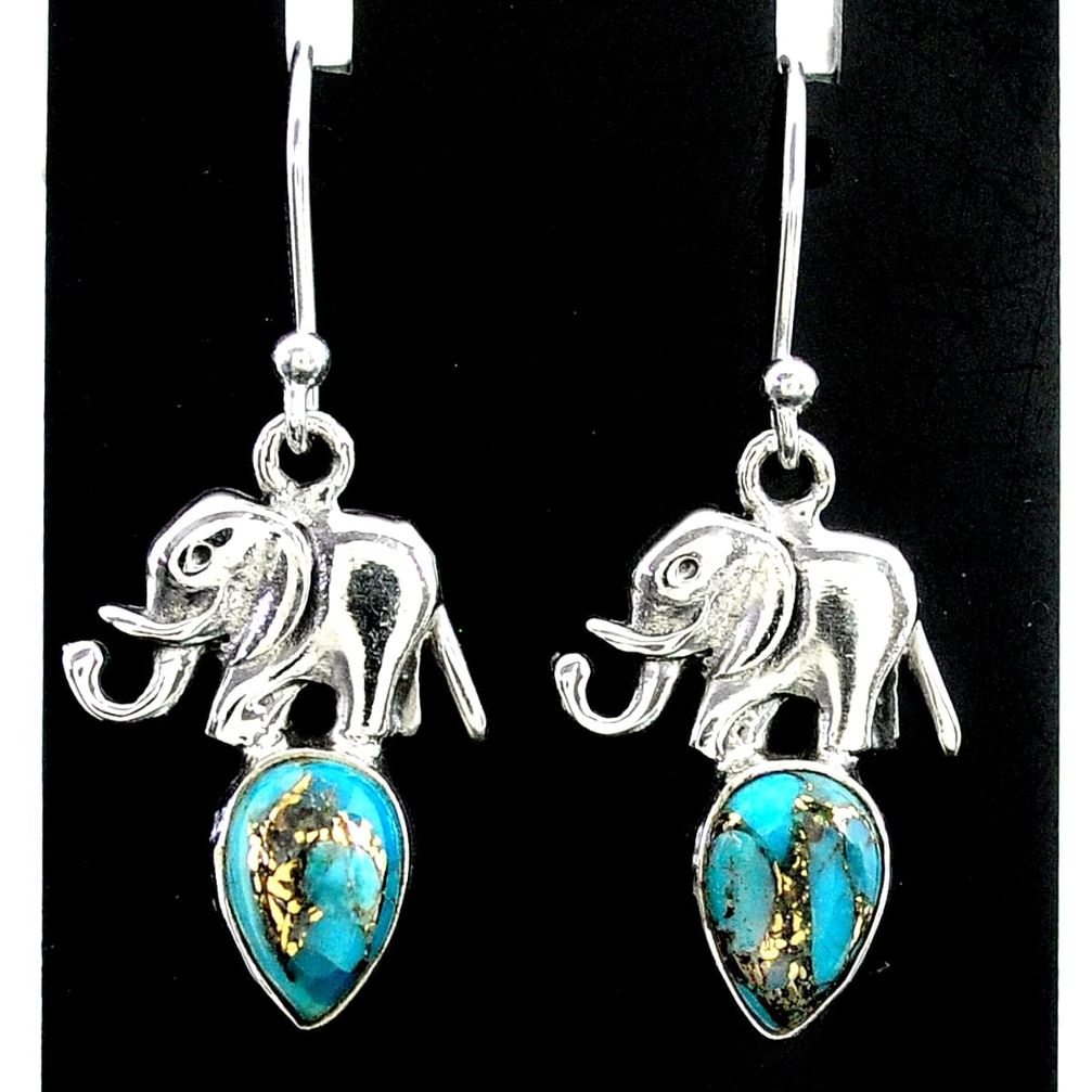 4.07cts blue copper turquoise 925 sterling silver elephant earrings t37374