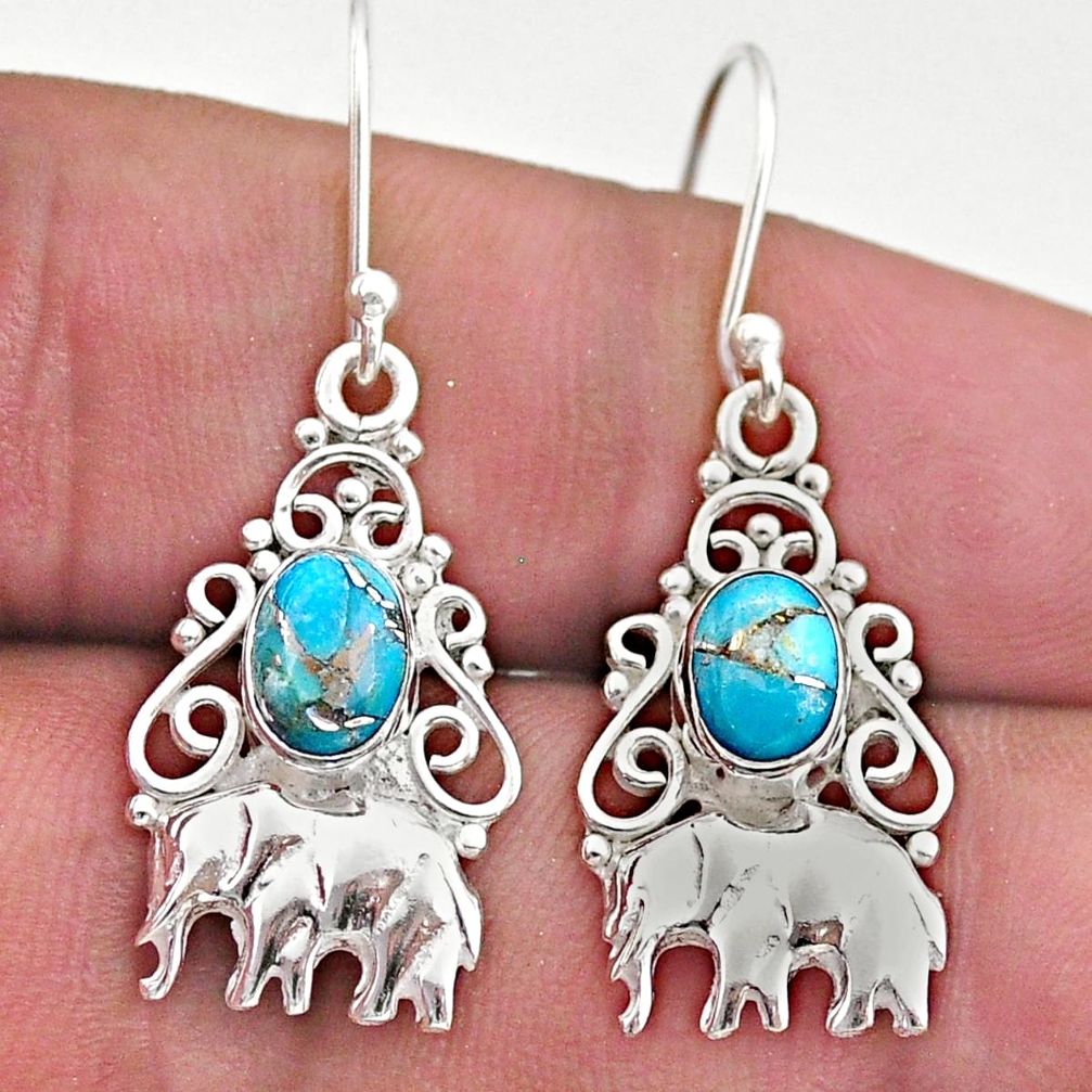 3.01cts blue copper turquoise 925 sterling silver elephant earrings t46969