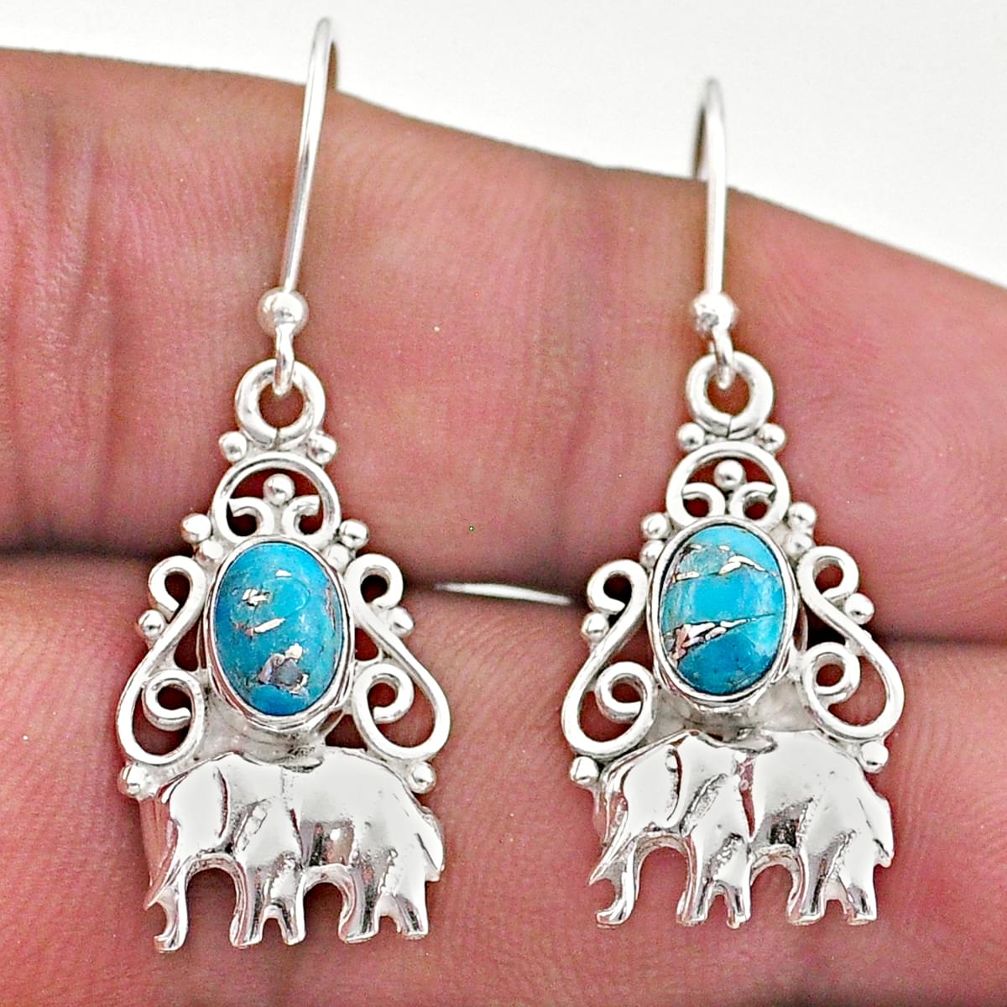 3.01cts blue copper turquoise 925 sterling silver elephant earrings t46970