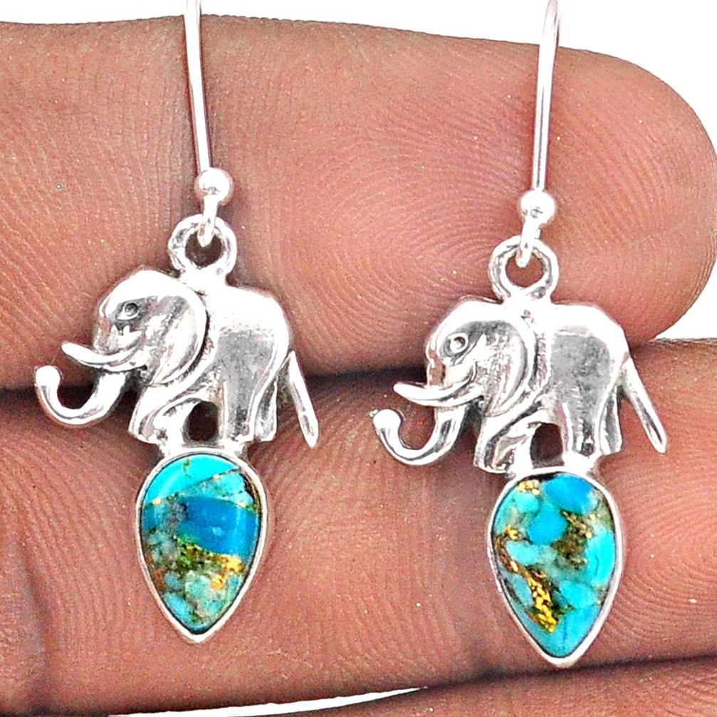 4.27cts blue copper turquoise 925 sterling silver elephant earrings t87493