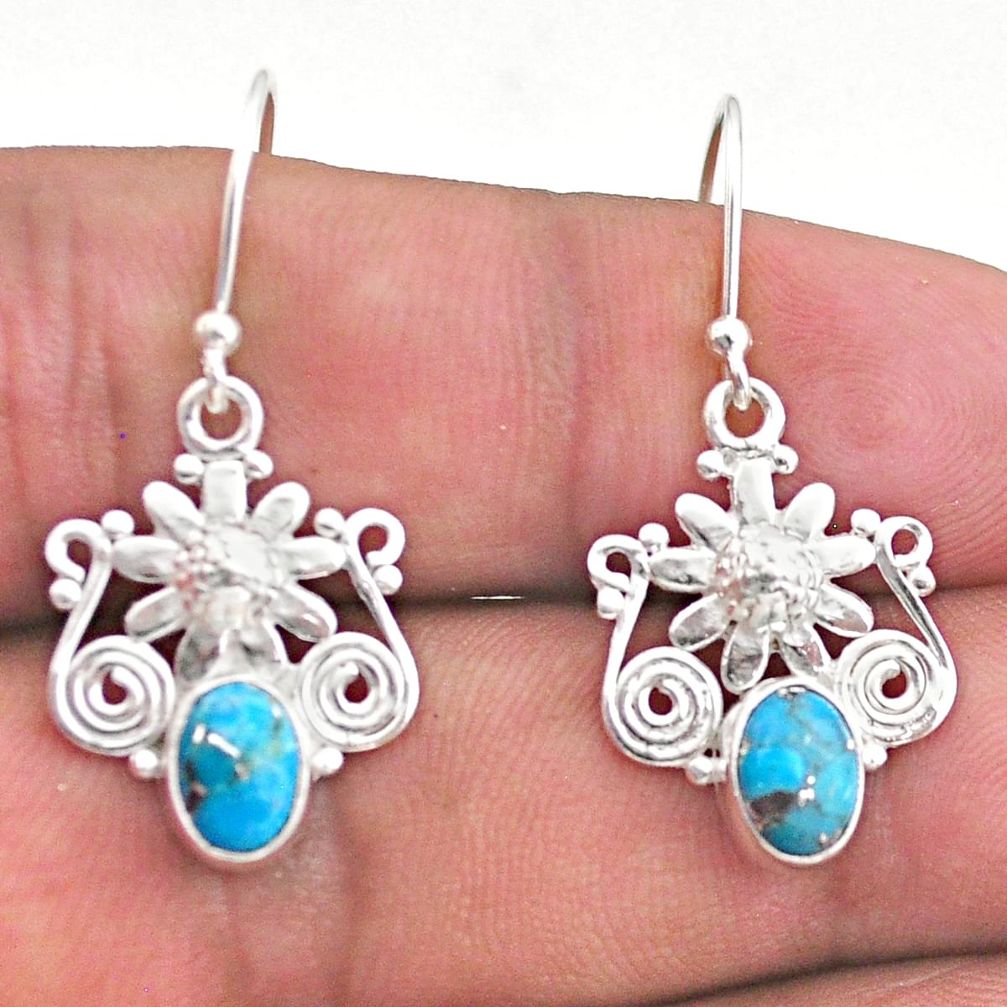 3.40cts blue copper turquoise 925 sterling silver flower earrings jewelry t46945