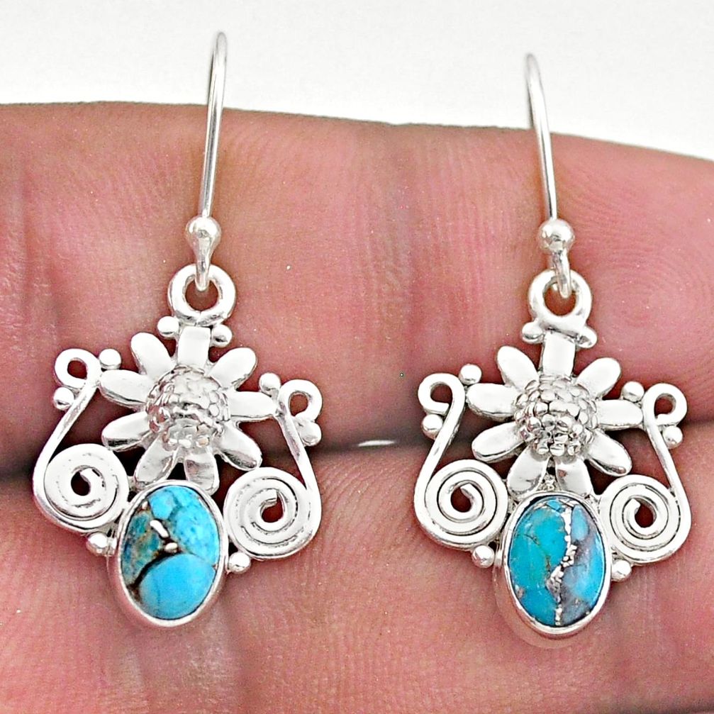 2.81cts blue copper turquoise 925 sterling silver flower earrings jewelry t46967