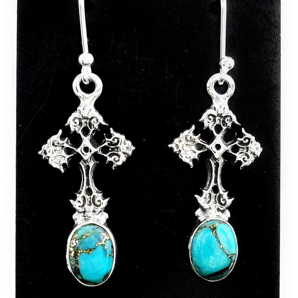 4.30cts blue copper turquoise 925 sterling silver holy cross earrings t37396