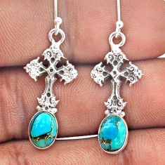 4.26cts blue copper turquoise 925 sterling silver holy cross earrings t87482
