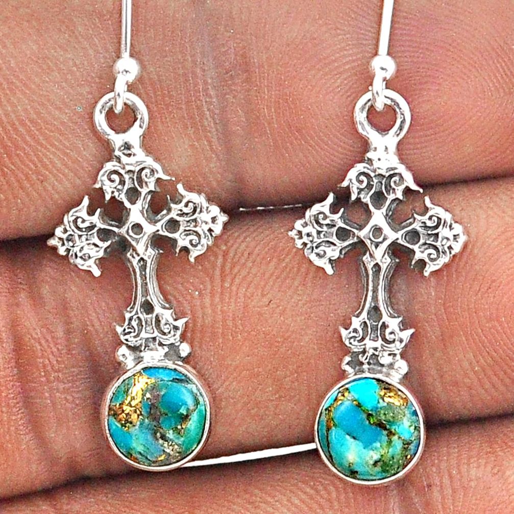 4.48cts blue copper turquoise 925 sterling silver holy cross earrings t87499