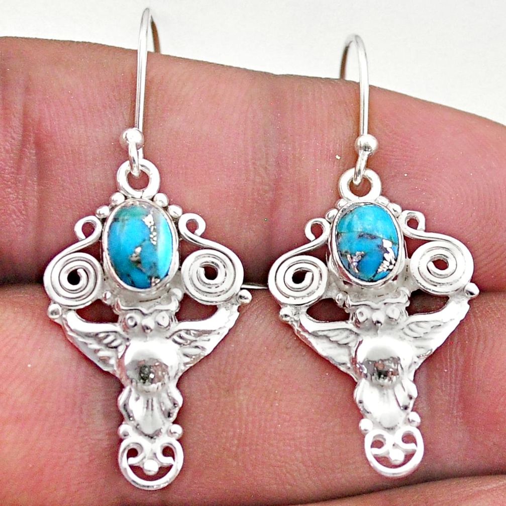 3.14cts blue copper turquoise 925 sterling silver owl earrings jewelry t46978