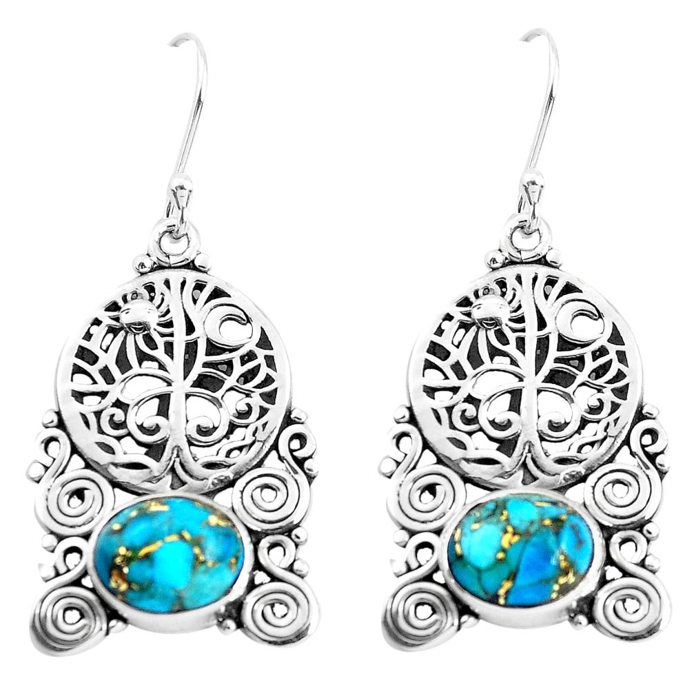 6.02cts blue copper turquoise 925 sterling silver tree of life earrings p51927