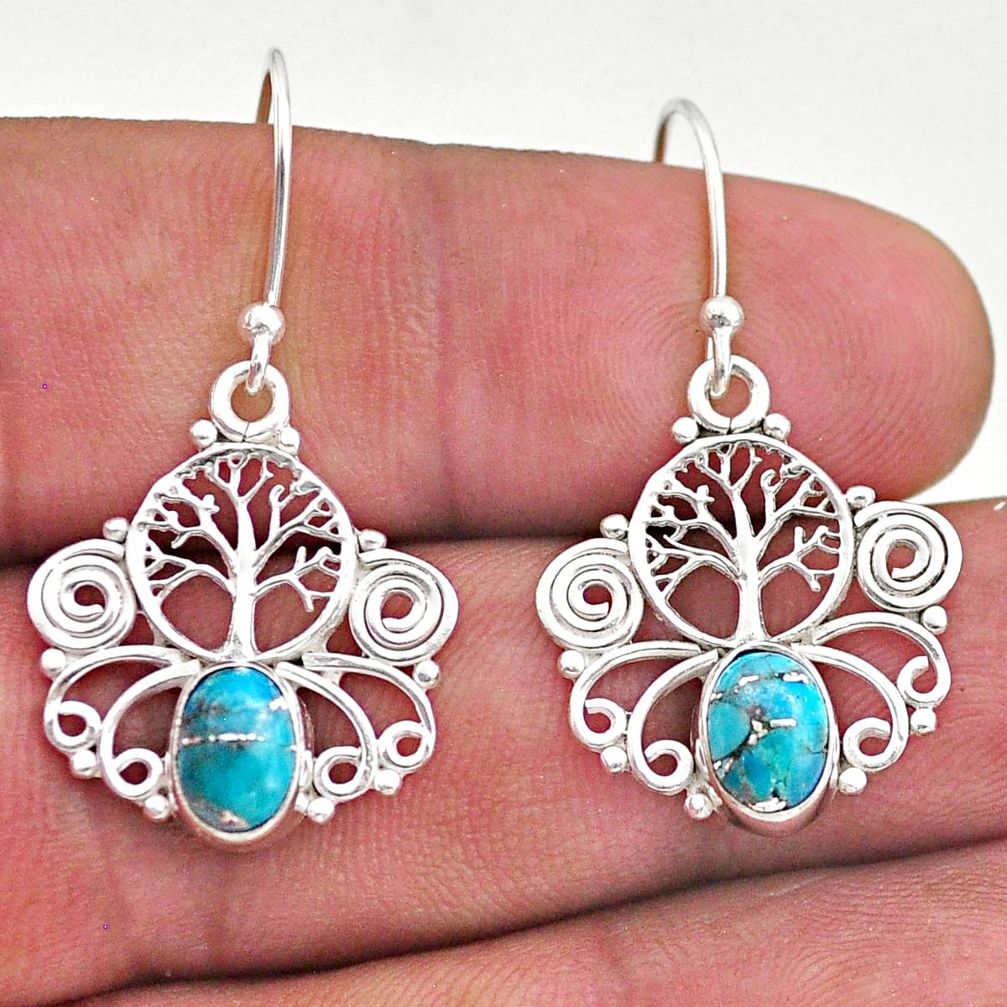 2.95cts blue copper turquoise 925 sterling silver tree of life earrings t46942