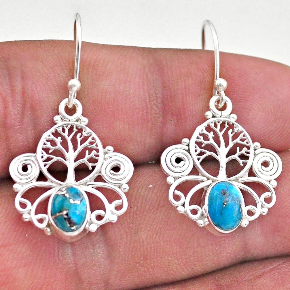 2.91cts blue copper turquoise 925 sterling silver tree of life earrings t46943