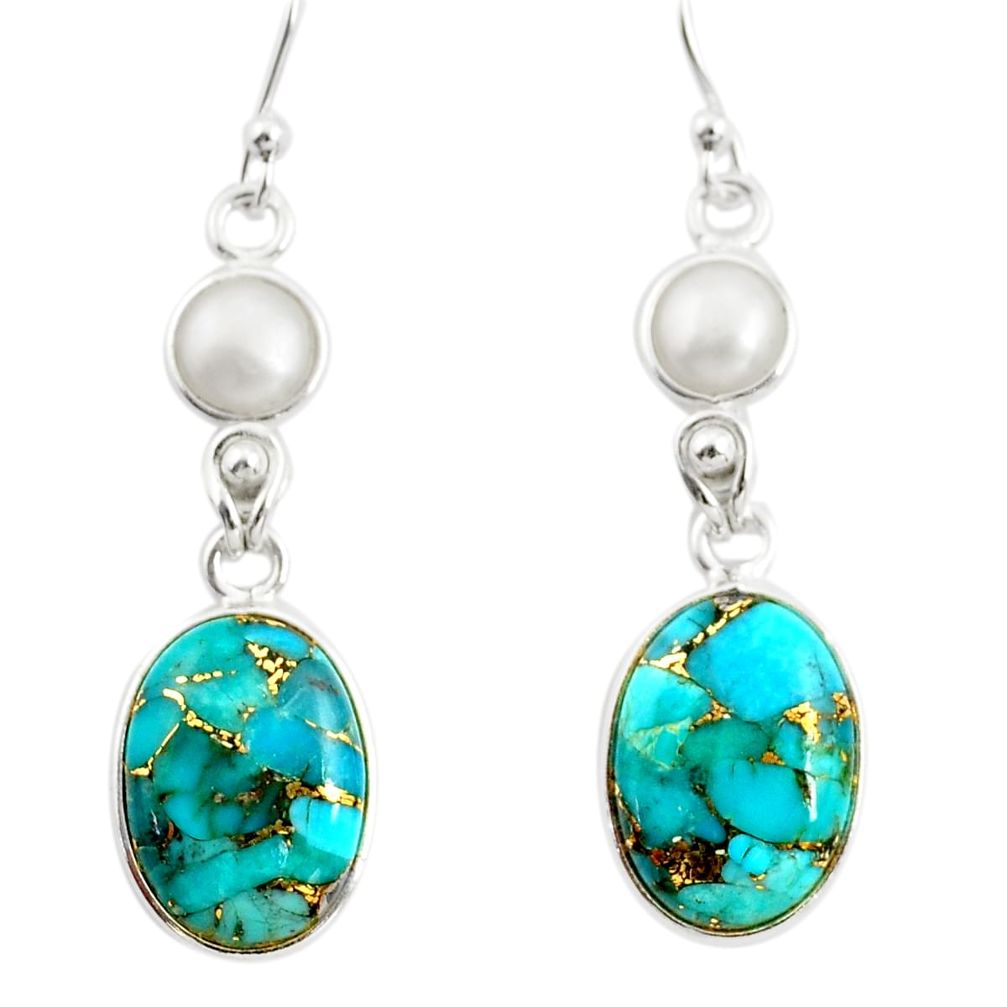 13.05cts blue copper turquoise pearl 925 sterling silver dangle earrings r26112