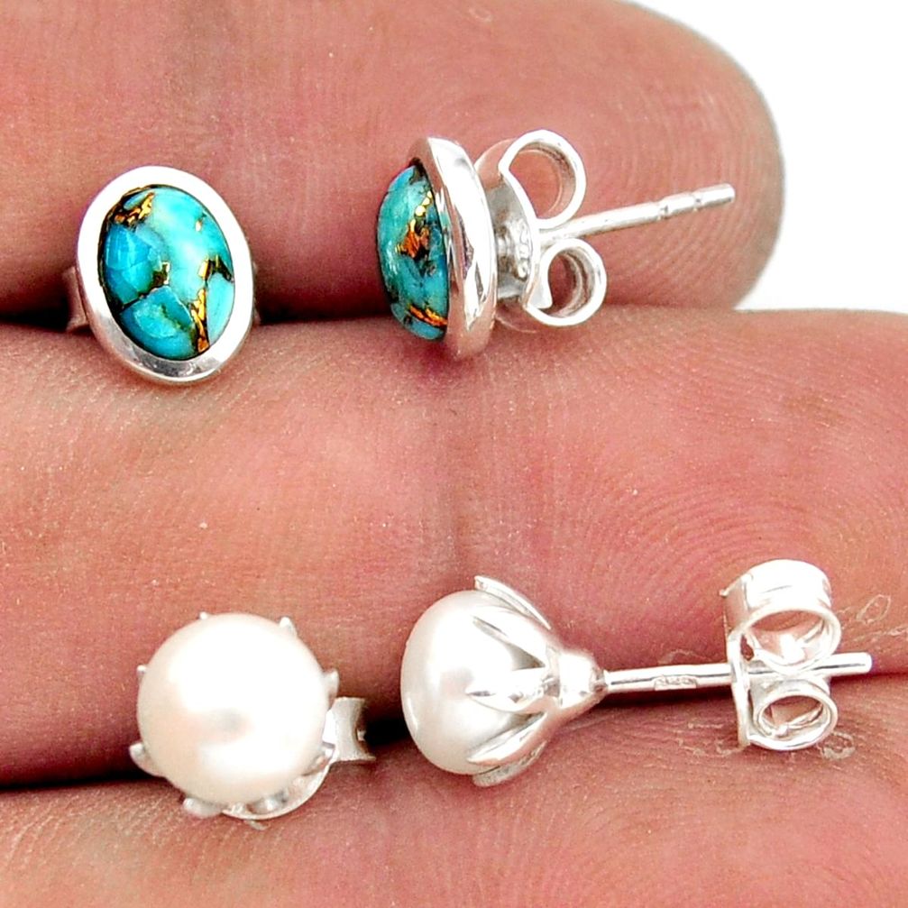 6.03cts blue copper turquoise pearl 925 sterling silver stud earrings r41289