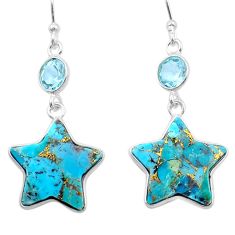 11.28cts blue copper turquoise topaz 925 silver star fish earrings u49309