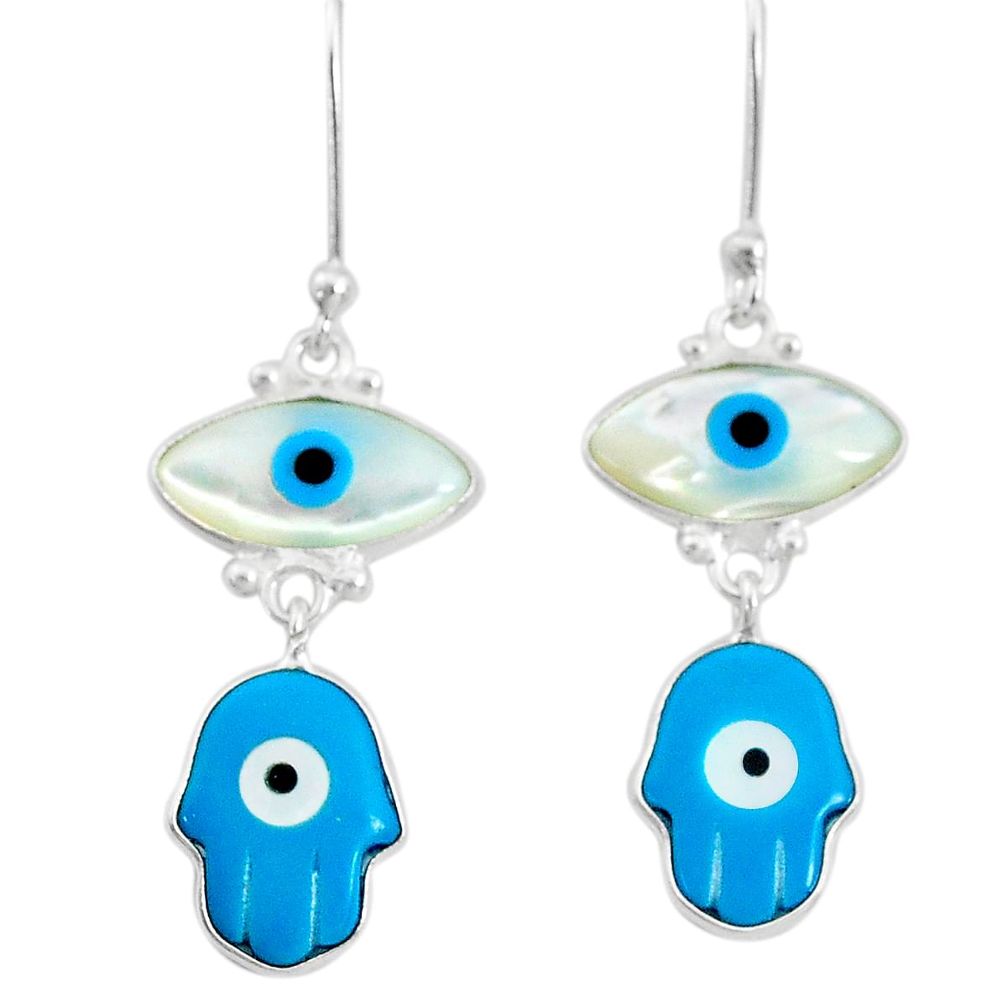 6.97cts blue evil eye talismans 925 silver hand of god hamsa earrings t20558