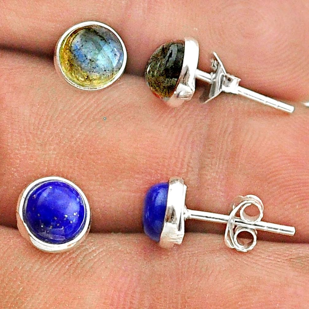 4.66cts blue labradorite lapis lazuli 925 silver 2 pair studs earrings t50831