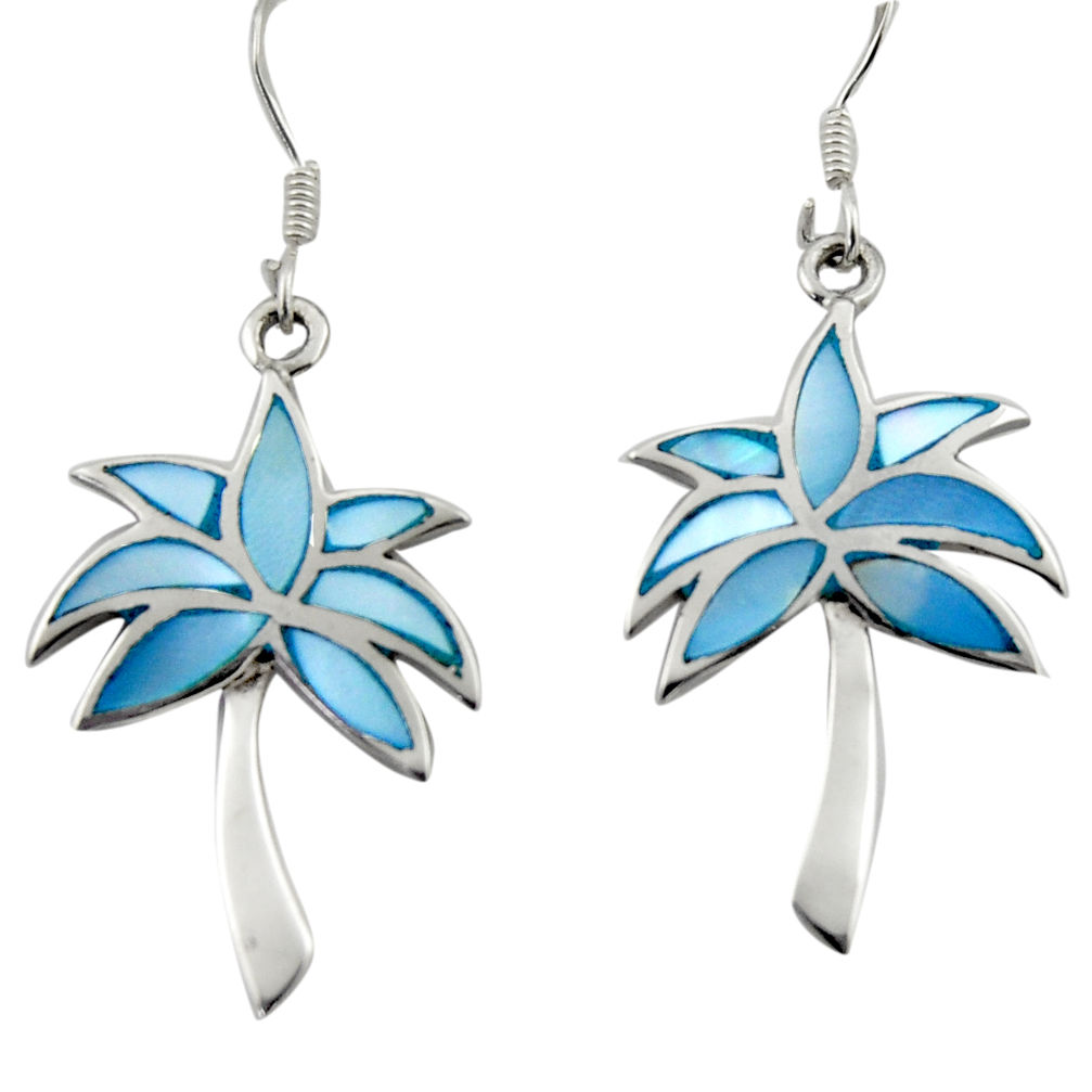4.69gms blue pearl enamel 925 sterling silver palm tree earrings jewelry c26365