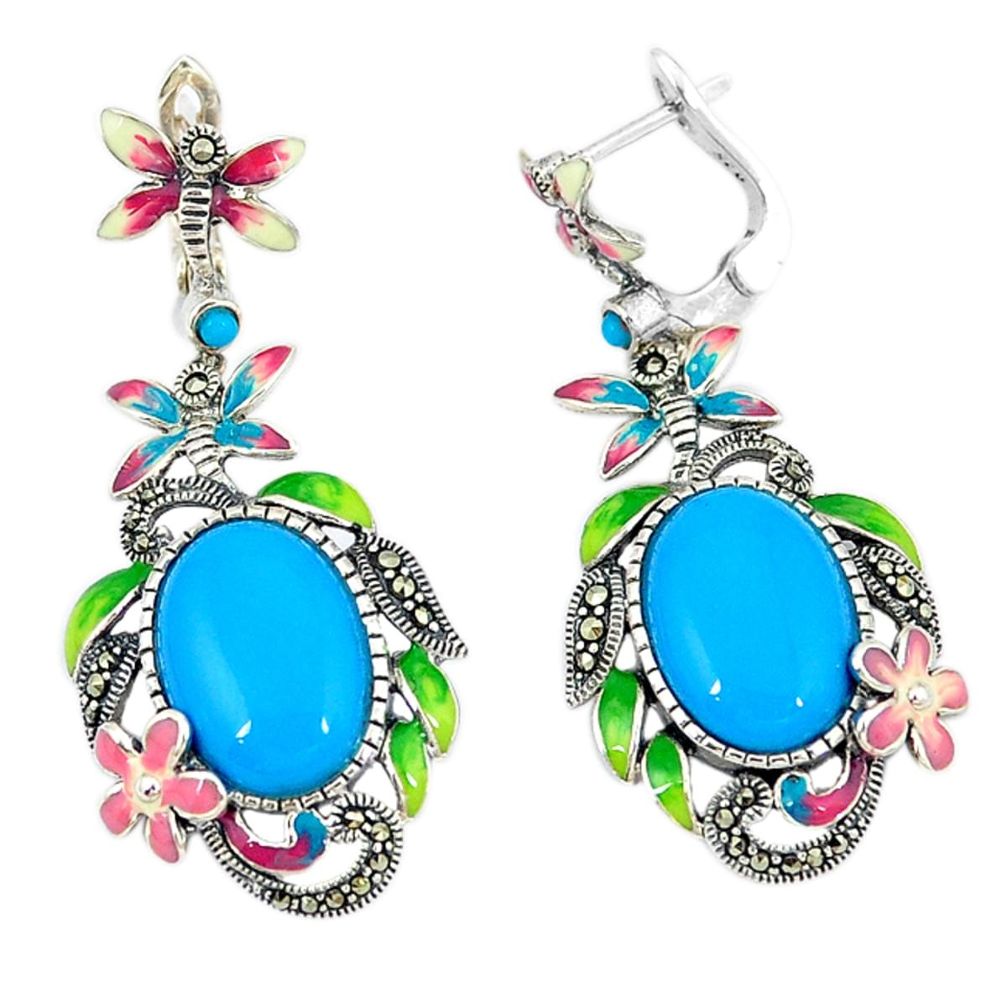 Blue sleeping beauty turquoise enamel 925 silver dangle earrings c21465