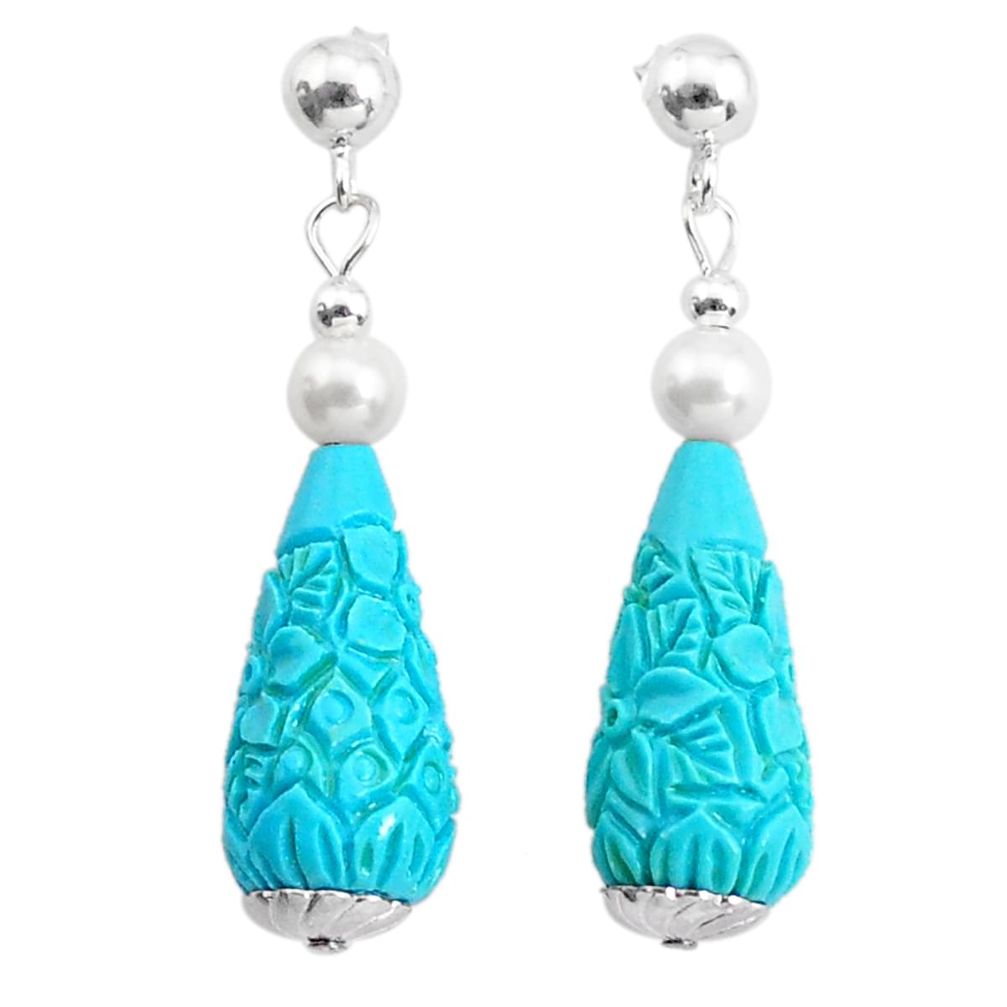 17.50cts blue sleeping beauty turquoise pearl 925 silver dangle earrings c27332